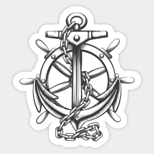 Anchor and ships wheel tattoo in engraving style Sticker